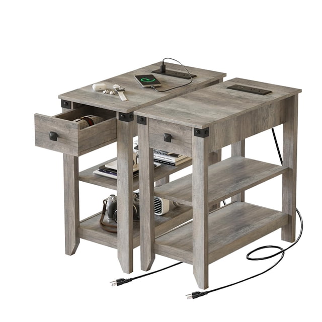 Vabches Ensemble de 2 Tables d'Appoint avec Station de Recharge, Table d'Appoint Étroite pour Petit Espace, Table de Nuit Mince avec Tiroir de Rangement, Gris Rustique