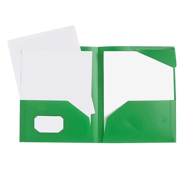 ZTTD 1-Pack Plastic Folders with Pockets in green, designed for office supplies and school use. Features two pockets and two business card slots, made of durable, water-resistant poly material. A5-sized folder measures 5.8 inches wide by 9.44 inches high, with each pocket holding up to 50 sheets. Ideal for organizing documents, presentations, and homework. The folder is shown open, highlighting its spacious pockets and card slots.