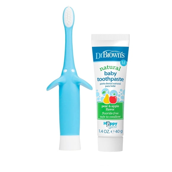 Dr. Brown's Ensemble de Brosse à Dents d'Apprentissage pour Bébés et Tout-Petits avec Dentifrice Sans Fluorure à la Poire et à la Pomme, Éléphant Bleu, 0-3 Ans