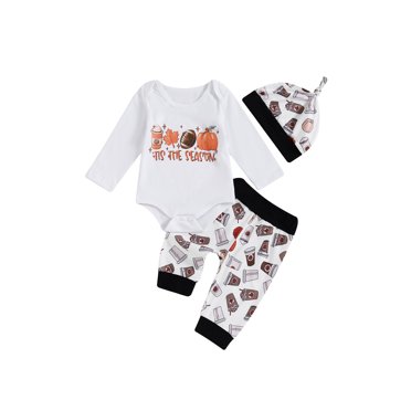 Honganda Baby Boy Fall Outfit Letter Print Long Sleeve Romper with Coffee Cup Pattern Pants and Hat 3 Pcs Set