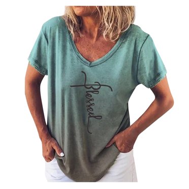 Birdeem T-Shirt à Col en V Ample pour Femmes, à Manches Courtes, avec Imprimé de Lettres et Croix