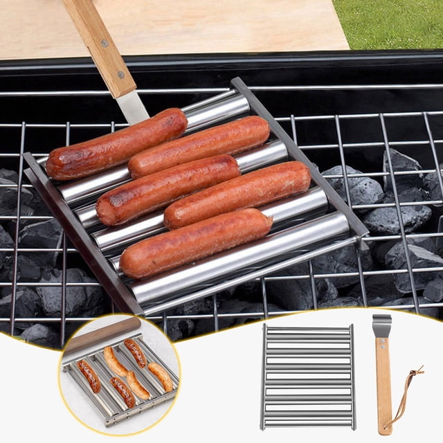 Cagogo under $5 Hot Dog Roller Rack, Stainless Steel Hot Dog Roller Grill, BBQ Sausage Roasting Rack, Camping Picnic Cooking Tools, Even Heating Barbecue Accessories