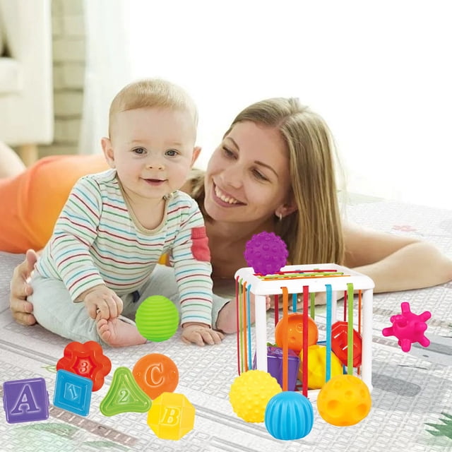 B Infant Sensory Activity Toy, Rainbow Elastic Shape Sorter Box With Strings, Bells, And Handheld Balls, Fine Motor Skills For Babies And Toddlers, Version B