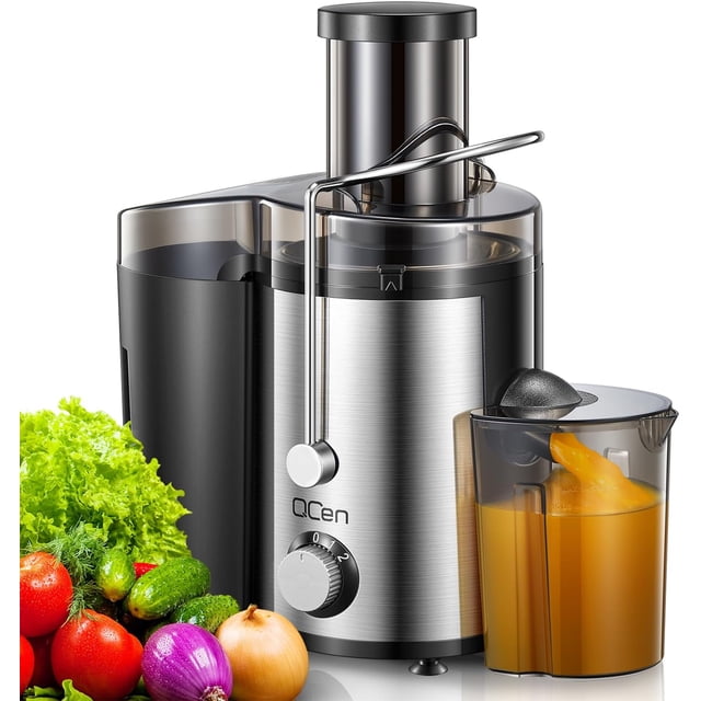 Juicer Machine - 800W Centrifugal Juicer Extractor with Wide Mouth 3” Feed Chute for Fruit Vegetable in a sleek black and stainless steel design. Features a 3-inch wide feed chute for whole fruits and vegetables, dual-speed control for soft and hard produce, and a secure locking system. Includes a detachable juice container with fresh orange juice and a variety of fresh produce like tomatoes, cucumbers, and lettuce displayed nearby.