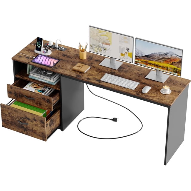 Bestier Computer Desk with Drawers Power Outlet 60" Office Desk Lift Top Desk, Rustic