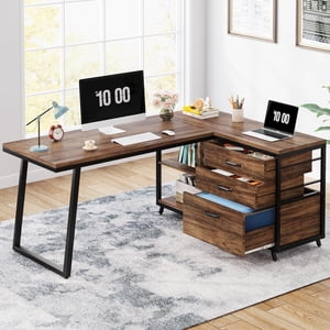 Tribesigns L-Shaped Bureau d'ordinateur avec 3 Tiroirs, bureau d'accueil en coin réversible avec étagères, 53-Inch Industrielle PC Bureau d'étude rédaction table poste de travail pour les petits Space, Marron rustique