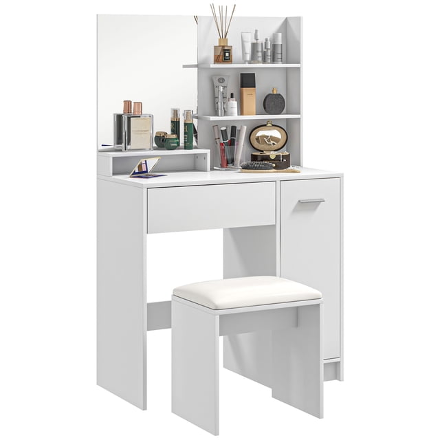 HOMCOM Vanity Desk with Mirror and Stool Makeup Vanity for Bedroom White centered front-facing white melamine-coated particleboard vanity with a copper-free rectangular mirror, cushioned PU leather stool, three open shelves, a drawer and cabinet with a 3-level adjustable shelf, anti-tipping design and dimensions 31.5" W x 15.7" D x 52" H. Often used as a dedicated makeup station and suitable as a compact dressing-area desk for small bedrooms.