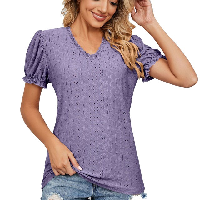 Birdeem Womens V- Neck Solid Color Lace Panel Cut-Out Short Sleeve Short Tops
