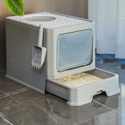 REK Cat Litter With Large Foldable Litter With Lid Front Entry Top Kitty Odor Control Easy To Clean
