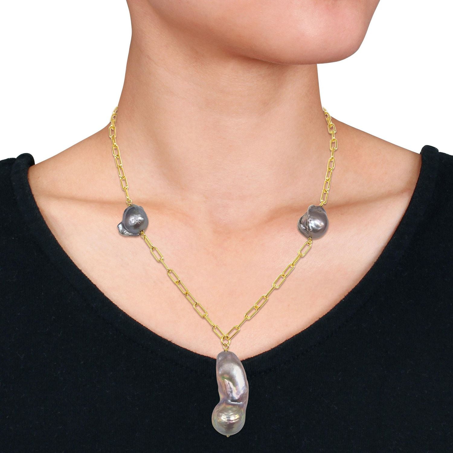Miabella Grey Cultured Freshwater Pearl 18k Yellow Gold Paperclip Necklace, 20 in