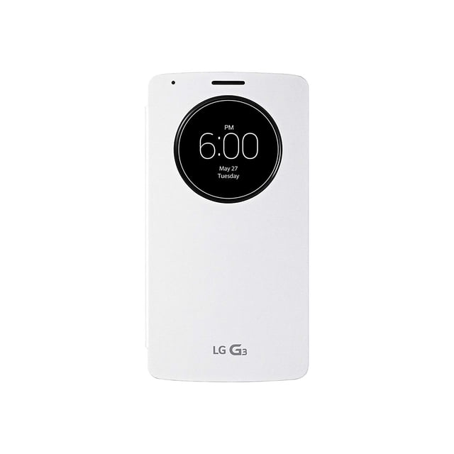 Étui Folio à Cercle Rapide LG pour Téléphones Intelligents LG G3 CCF-345N en Blanc, avec une Fenêtre Circulaire Distincte sur la Couverture avant pour un Accès Rapide aux notifications et à l'Affichage de l'Heure. Conçu pour Protéger le Téléphone Intelligent LG G3 avec un Style Épuré et Moderne. l'Étui Désactive la Fonction Réponse du Téléphone Lors de l'Utilisation.