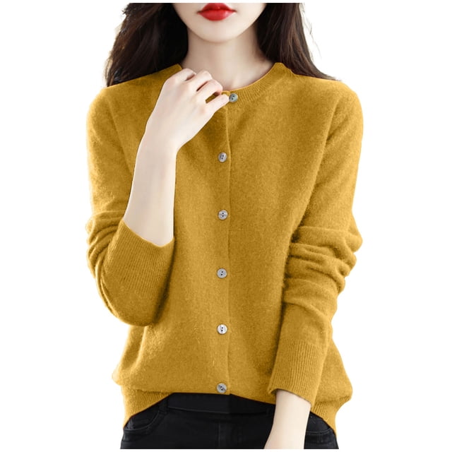 cfhntfmh Cardigan pour Femmes à Manches Longues, Hauts Doux, Col Ras du Cou, Uni, Manteau Chandail à Boutons, Automne 2024