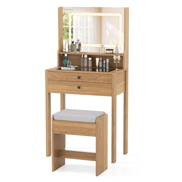 Gymax Petite Coiffeuse Table de Maquillage et Ensemble Tabouret Rembourré avec Station de Recharge Naturel