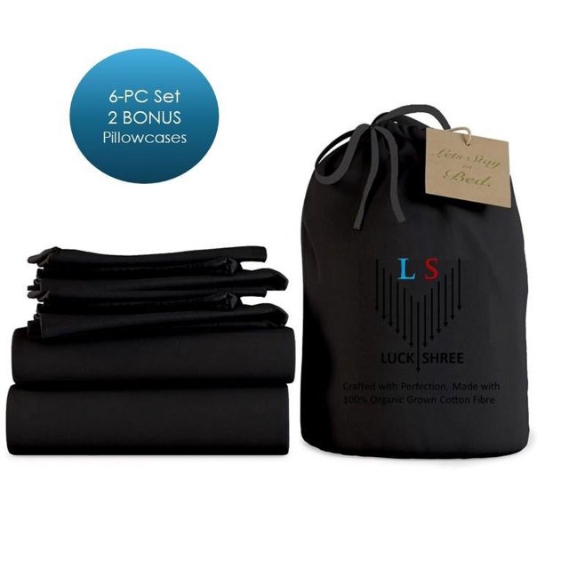 6-PC Queen Organic 1000-TC Cotton Sheet Set - 15" Deep Pockets with 4 Pillowcases - Black