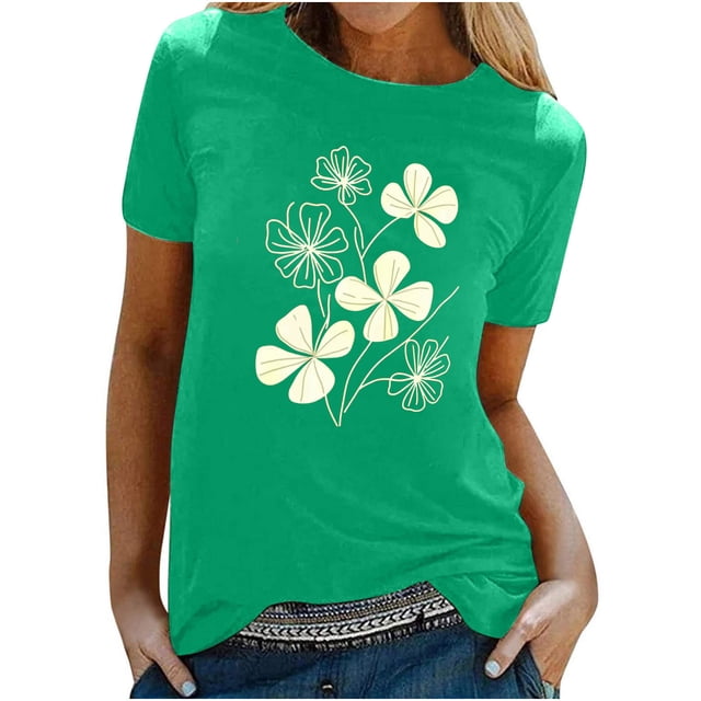 KIHOUT Nouveau Haut de Mode d'Été pour Femmes 2025, T-Shirt à Manches Courtes à Col Rond Décontracté à Imprimé Floral Vert P