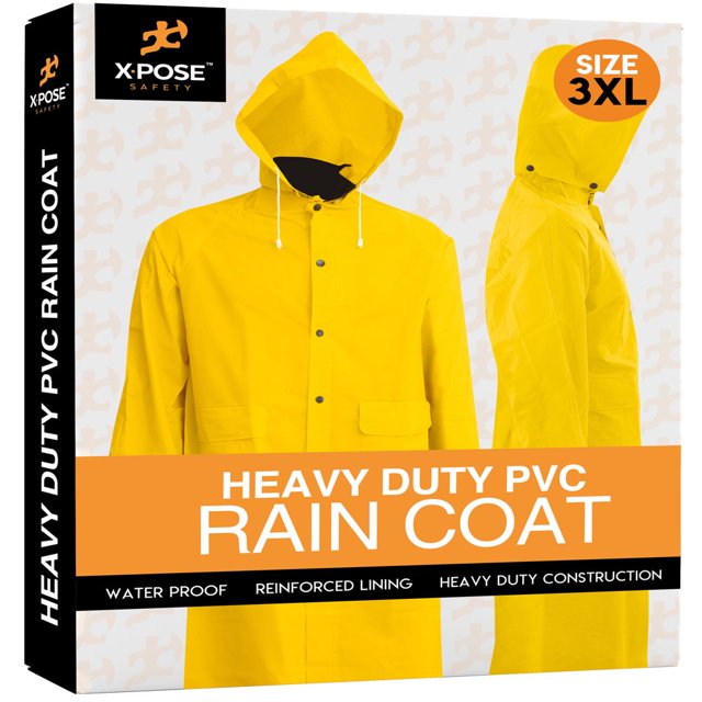 Heavy Duty Yellow Rain Coat – .35mm PVC 48in Raincoat Jacket with Detachable Hood - Waterproof Slicker - Storm Weather Raining Fishing Wet Work Conditions - Small - by Xpose Safety
