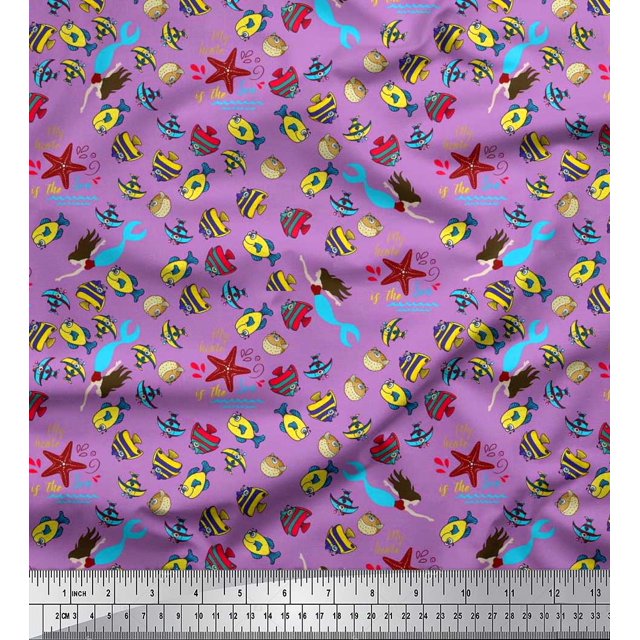 Soimoi Rayon Fabric Fish,Mermaid & Starfish Ocean Print Sewing Fabric Yard 42 Inch Wide