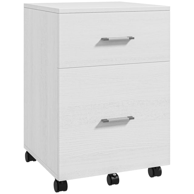 Vinsetto Classeur Mobile, Classeur à 2 Tiroirs avec Roulettes, Fini Blanc. Comprend Deux Tiroirs, Dont un Grand Tiroir Inférieur pour Accrocher des Dossiers A4 Verticalement Ou des Dossiers Format Lettre à l'Horizontale. Fait de Panneau de Particules avec Poignées en Alliage d'Aluminium et Équipé de Cinq Roulettes à Roulement Fluide, Deux avec Freins et un Anti-Basculement. Conception Compacte Adaptée au Placage sous le Bureau. Dimensions : 15,6 Pouces de large, 15,4 Pouces de Profondeur et 23 Pouces de Hauteur.