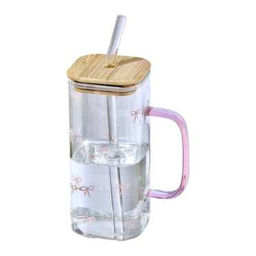 WIFKLSIIPG Heat Glass Cup with Straw 400ML Suitable for Cold Drinks Juice Milk Including Lid Glass Texture Suitable for Various Beverages
