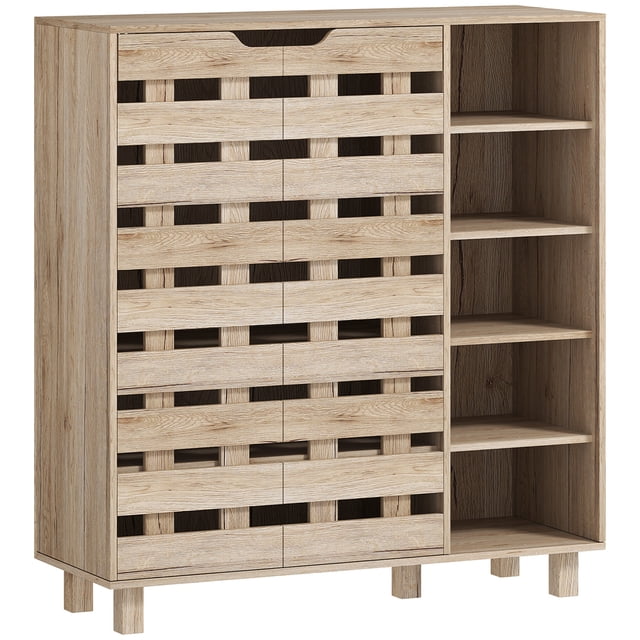 HOMCOM Shoe Storage Cabinet with 5-Tier Cupboard and 5 Open Shelves, Beige front-facing beige particleboard entryway cabinet with left five-tier enclosed cupboard and right column of five open shelves; removable three-level shelves to fit boots and heels, hollowed-out door panels and elevated 3.25" (8 cm) feet, top surface shown holding keys and a photo frame, holds roughly 21 pairs, includes anti-tipping kit; often used as a small entryway mail or decor display.
