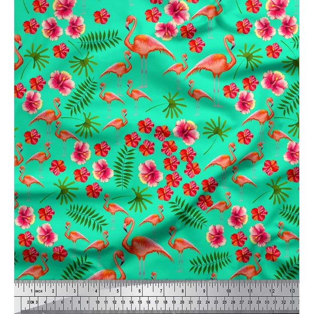 Soimoi Modal Satin Fabric Leaves,Floral & Flamingo Bird Printed Fabric 1 Yard 42 Inch Wide
