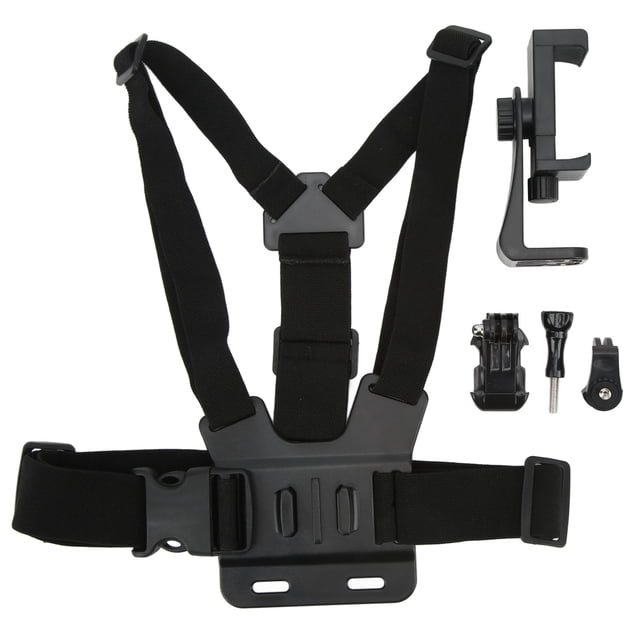 Mobile Phone Chest Strap, a black chest mount harness strap made of ABS material, designed for hands-free phone use during outdoor activities like cycling. Includes an adjustable elastic strap, a phone holder compatible with devices 5.5-10cm wide, a screw, an adapter, and a J-shape mount. The strap allows horizontal and vertical phone placement for immersive video and photo shooting.