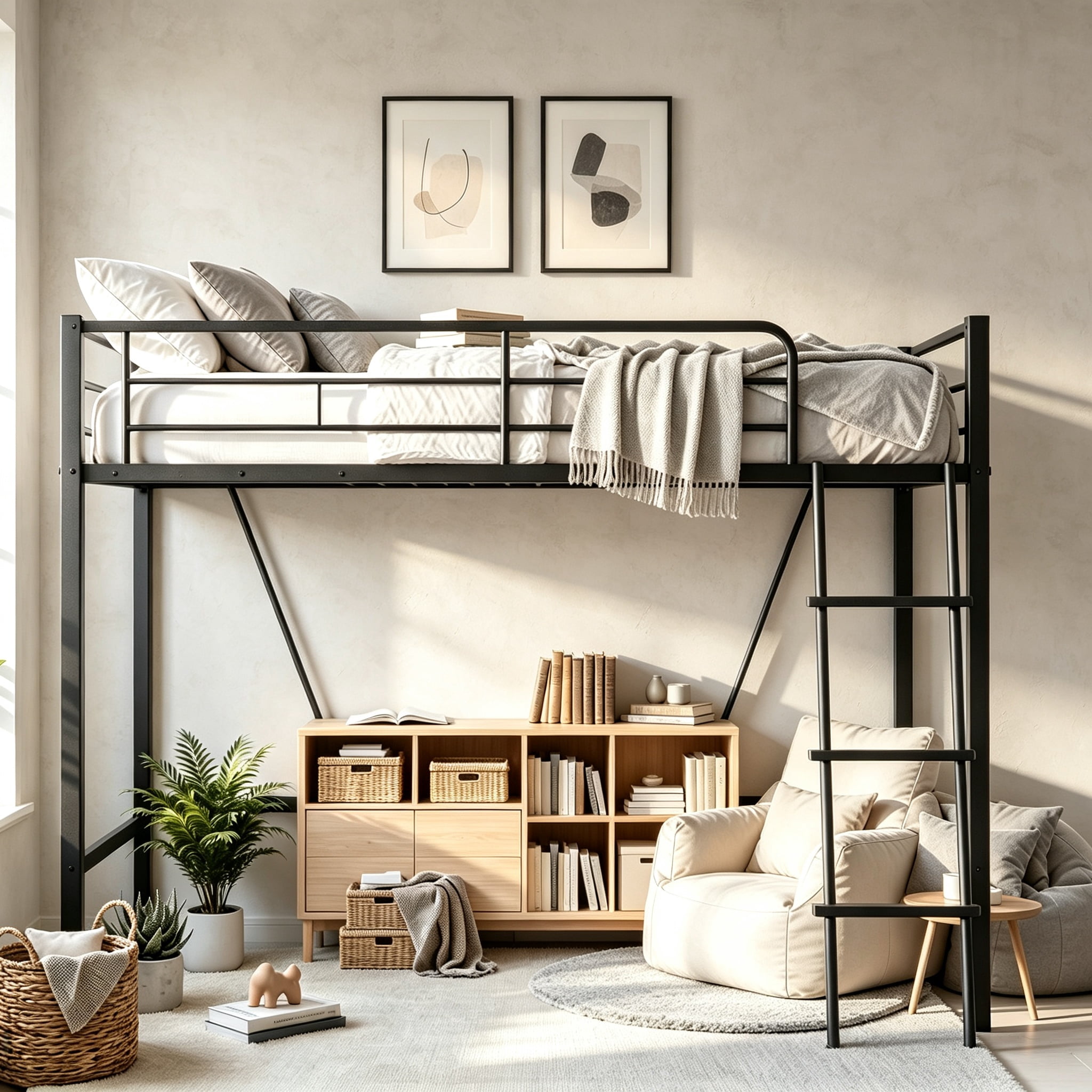 Noble House Metal Twin Loft Bed Frame,Heavy Duty Steel with Removable Ladder & Full Guardrail,Under-Bed Space No Box Spring,Black