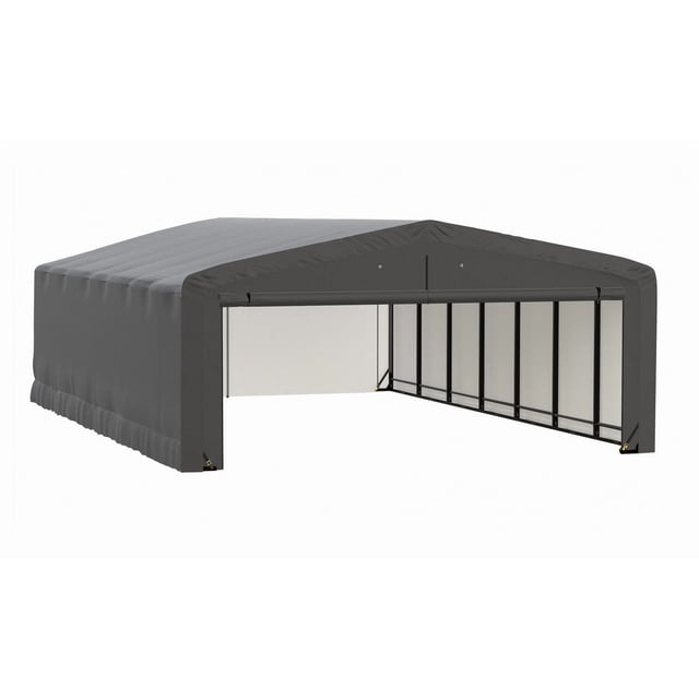 ShelterTube Garage Homologué pour le Vent et la Charge de Neige, 20x32x10 Gris, Grand Abri Extérieur avec Toit en Pointe et devant Ouvert, Recouvert d'Un Tissu Imperméable à Triple Couche Gris sur un Cadre en Acier Noir Enduit de Poudre avec supports Verticaux. Il Est Homologué pour le Vent jusqu'à 80 Mi/h et Homologué pour la Neige à 35 Livres par Pied Carré, Idéal pour Protéger les Véhicules, les Bateaux Ou l'Équipement Extérieur contre les Intempéries.
