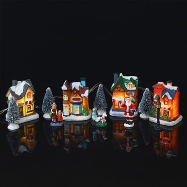 Langgg Ensemble de 13 Pcs Joyeux Noël Village Figurines Chaudes Lumineux LED Art Artisanat Maison Collection Décoration de Chambre Ornement en Résine
