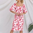 thumbnail image 4 of Économies d'Été! PEZHADA Robes d'Été pour Femmes, Robes Midi pour Femmes, Mode Décontractée de Printemps et Robe à Imprimé Floral à Manches Courtes, Épaules Dénudées, Longueur Genou, Rouge, 4 of 6