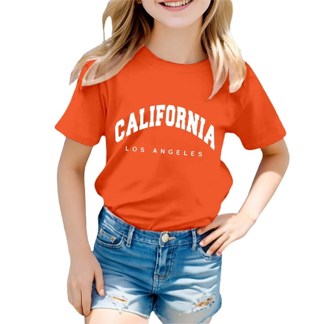 T-shirts Filles Garçon Fille Imprimé Ville Col Rond Manches Courtes Décontractées Hauts Filles Orange 3-4 Ans