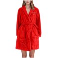 thumbnail image 1 of Womens Terry Cloth Robes Long Sleeve Plush Flannel Bathrobe Fuzzy Fleece Soft Hooded Spa Robe with Belt Red, 3XL, 1 of 4