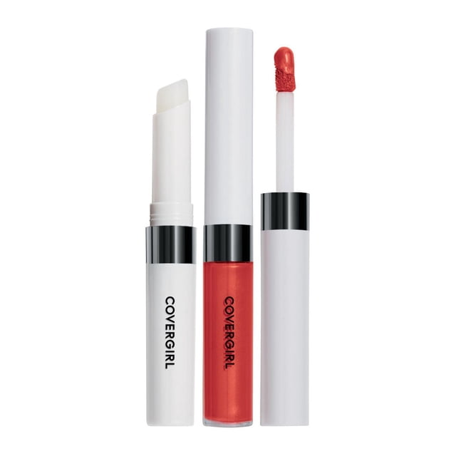 COVERGIRL Outlast All-Day Lipcolour showing a white moisturizing topcoat stick, a red long-lasting lipcolour tube with black band, and an applicator wand with red transfer-resistant lipcolour on the tip, all branded with COVERGIRL on a white background, suitable for vibrant, all-day wear.