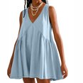 thumbnail image 2 of Penkiiy Robe Courte Sans Manches à Col en V pour Femme, Ample, d'Été, Plissée, Évasée et Fluide, L Bleu Pâle, 2 of 7