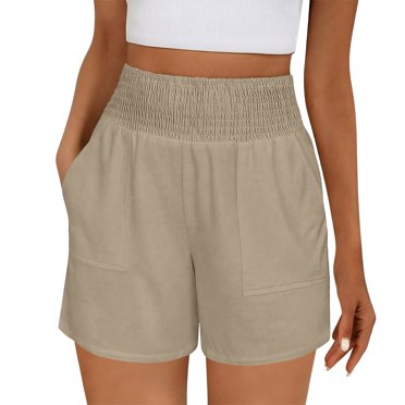 Ymauqau Shorts for Women Elastic High Waisted Straight Leg Casual Shorts Loose Fit Summer Shorts with Pockets