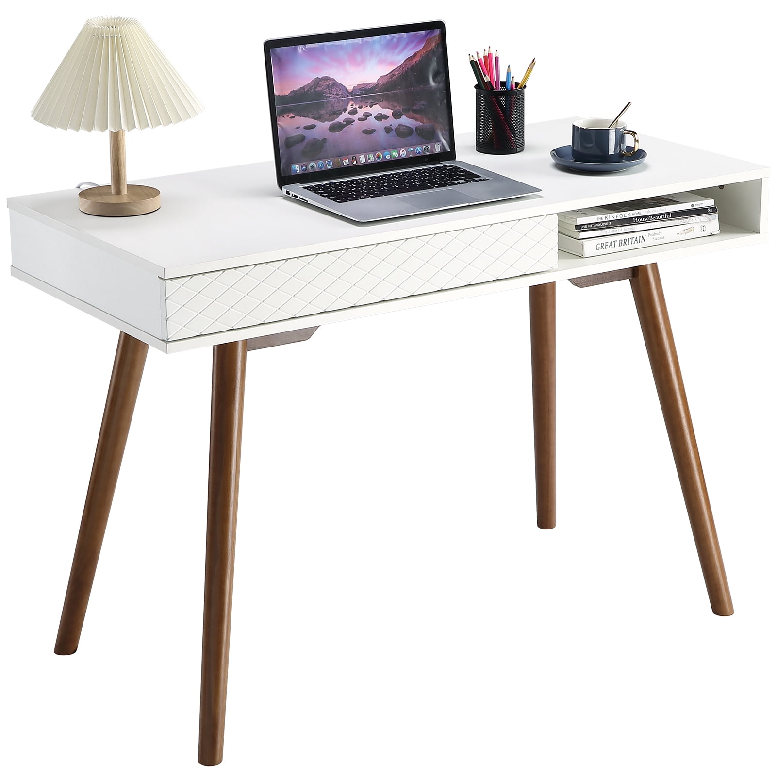 Modern Home Office Writing Desk, 42 Inch Computer Table Desk with Drawers, Simple Mid Century Modern Desk
