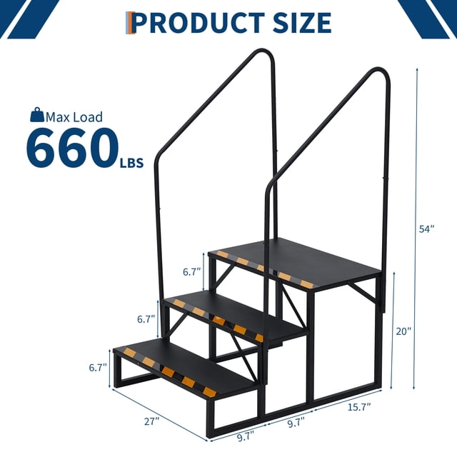 Yiwa Heavy Duty RV Step Ladder with Handrail, Stable Stairs for Mobile Homes, Pools, Hot Tubs, and Trampolines