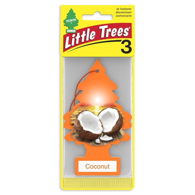 LITTLE TREES air freshener Coconut 3-Pack with an orange tree-shaped car air freshener featuring a cracked coconut image on a tropical background, packaged on a yellow card with the Little Trees logo and the number 3, suitable for freshening car interiors.