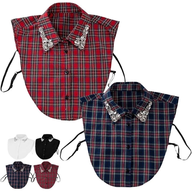 Red Christmas Plaid Rhinestone Detachable Collar, Women False Shirt Dickey Collar Fake Half Shirt