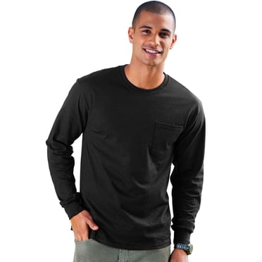Hanes TAGLESS Men`s Long-Sleeve T-Shirt with Pocket, S, Black