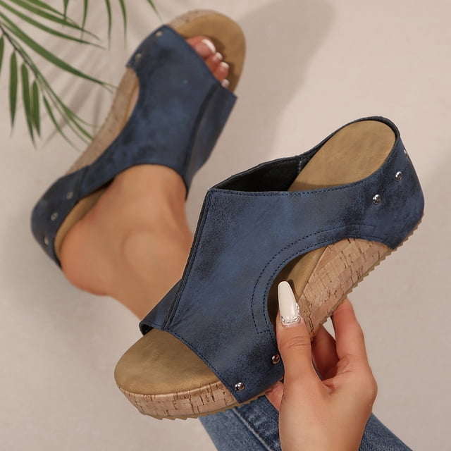 Gspmoly Sandales à Enfiler pour Femmes, Pantoufles Décontractées Mode pour Femmes à Bout Rond, Chaussures de Plage Confortables Décontractées, Pantoufles pour Femmes d'Intérieur Bleu Marine 38