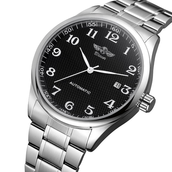 WINNER WINNER 458 Men's Semi-Automatic Mechanical Watch with Date Display, Stainless Steel Band, Silver-Black, Fashion Casual Style (Includes Original Box)