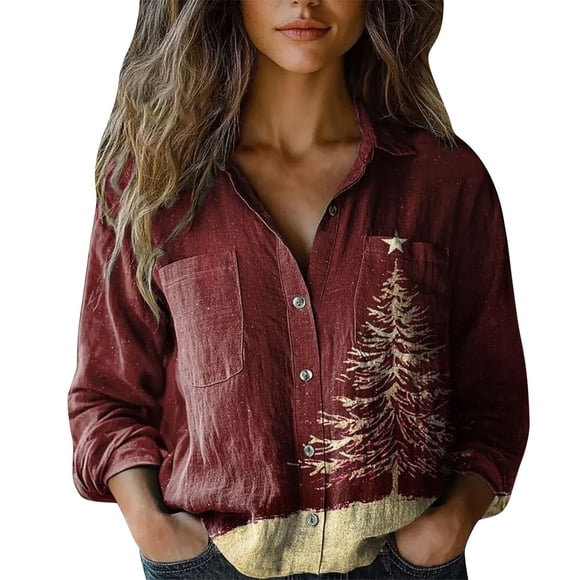 Women Shirts Clearance Sales Women Long Sleeve T Shirts 2025 Women's Christmas Casual Long Sleeve Shirt Women's Imitation Cotton Shirt