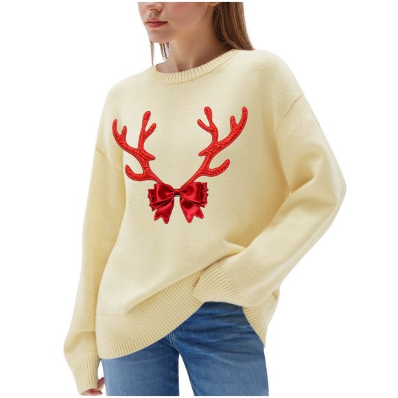 RXMEKW Sweater for Women Long Sleeve Round-Neck Casual Solid Color Blouse Top with Christmas Print for Holiday Party and Daily Wear