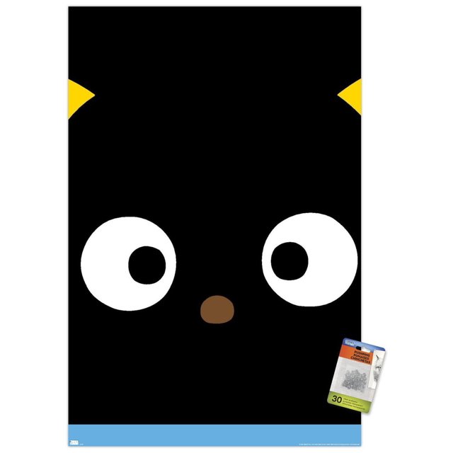 Hello Kitty and Friends - Chococat Close-Up Wall Poster, 22.375" x 34", featuring a centered close-up of Chococat's black face with large white eyes, a small brown nose, and yellow ears on glossy poster paper, ideal for decorating bedrooms, offices, or dorms with included adhesive mounts that prevent wall damage.