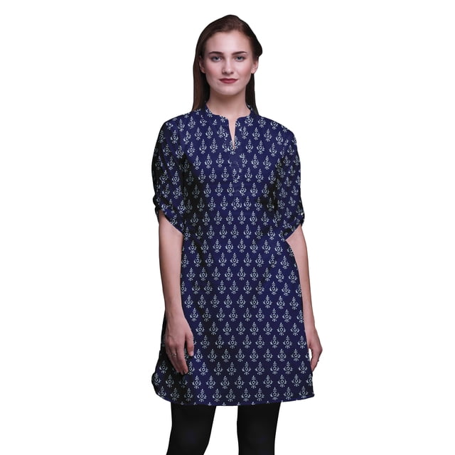 Bimba Kurti à Manches Retroussables pour Femmes, Col Mandarin Imprimé, Hauts de Kurti Courts