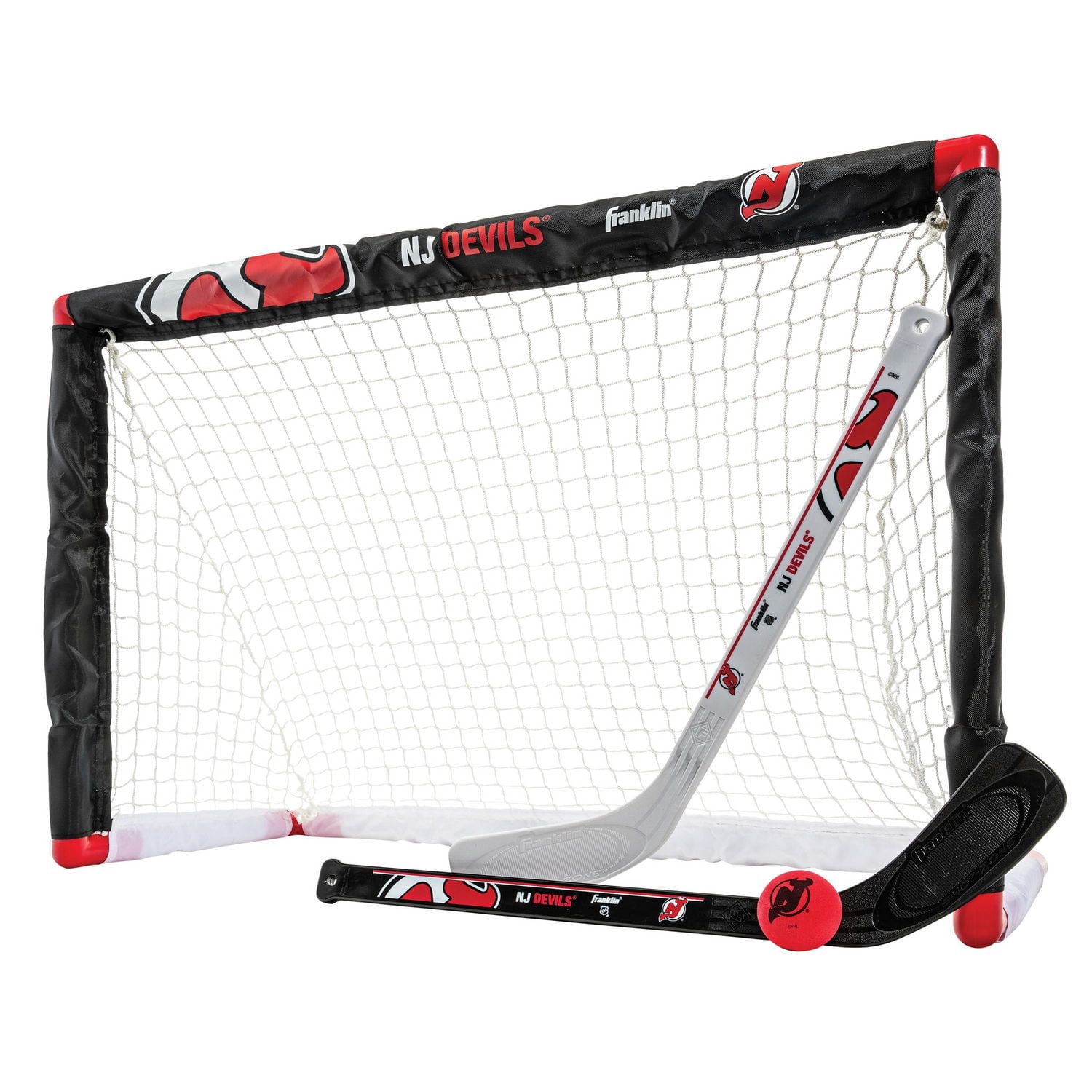 Franklin Sports Ensemble de mini hockey Devils de la NHL – But de hockey intérieur pour enfants, ballon, 2 mini bâtons de hockey