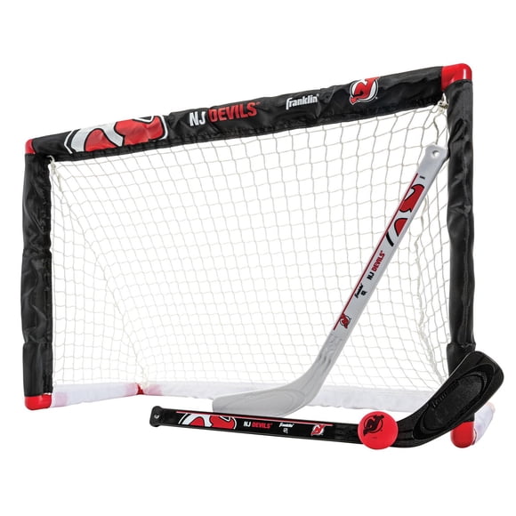 Franklin Sports NHL Devils Mini Hockey Set - Kids Indoor Knee Hockey Goal, Ball, 2 Mini Hockey Stick Combo Set