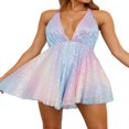 thumbnail image 2 of Robe Mini à Paillettes pour Femmes Col en V Profond Dos Nu Robe de Soirée Club Disco Mini Robes, 2 of 6