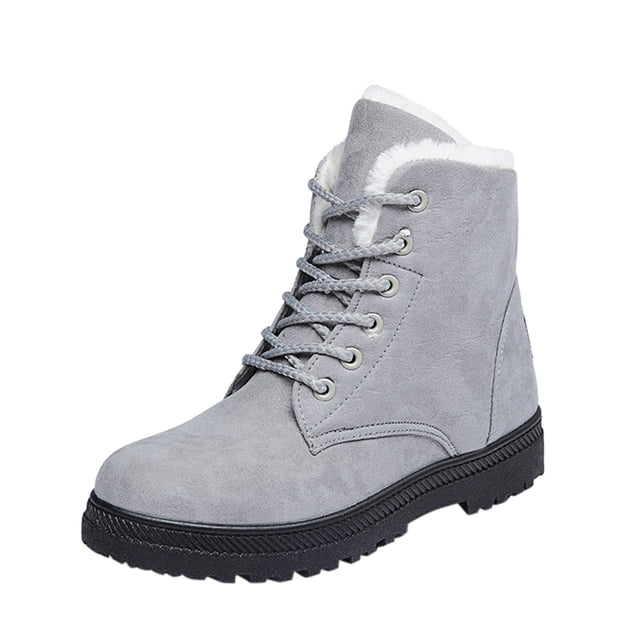 jovati Snow Boots Flat-Heel Autumn And Winter Plus Size Cotton Short Womens Boots in grey. These casual, fashion-forward boots feature a round toe, front lace closure, and a flat rubber sole. The upper material is cotton, while the lining and insole are made of artificial wool for warmth. Designed for outdoor, everyday, and leisure use, the boots have a middle tube height of 16 cm and a heel height of 3 cm. Suitable for autumn and winter seasons.